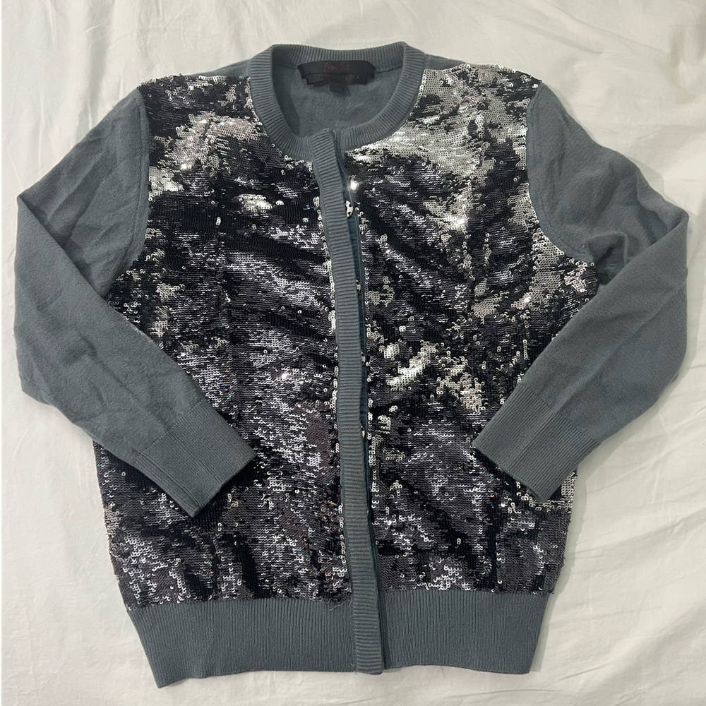 L’Wren Scott Cashmere Sequin Cardigan Blue-Gray 3/4 Sleeve Made in Italy Size S